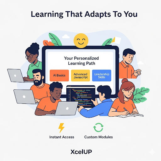 A professional woman engaging with the XcelUP platform.